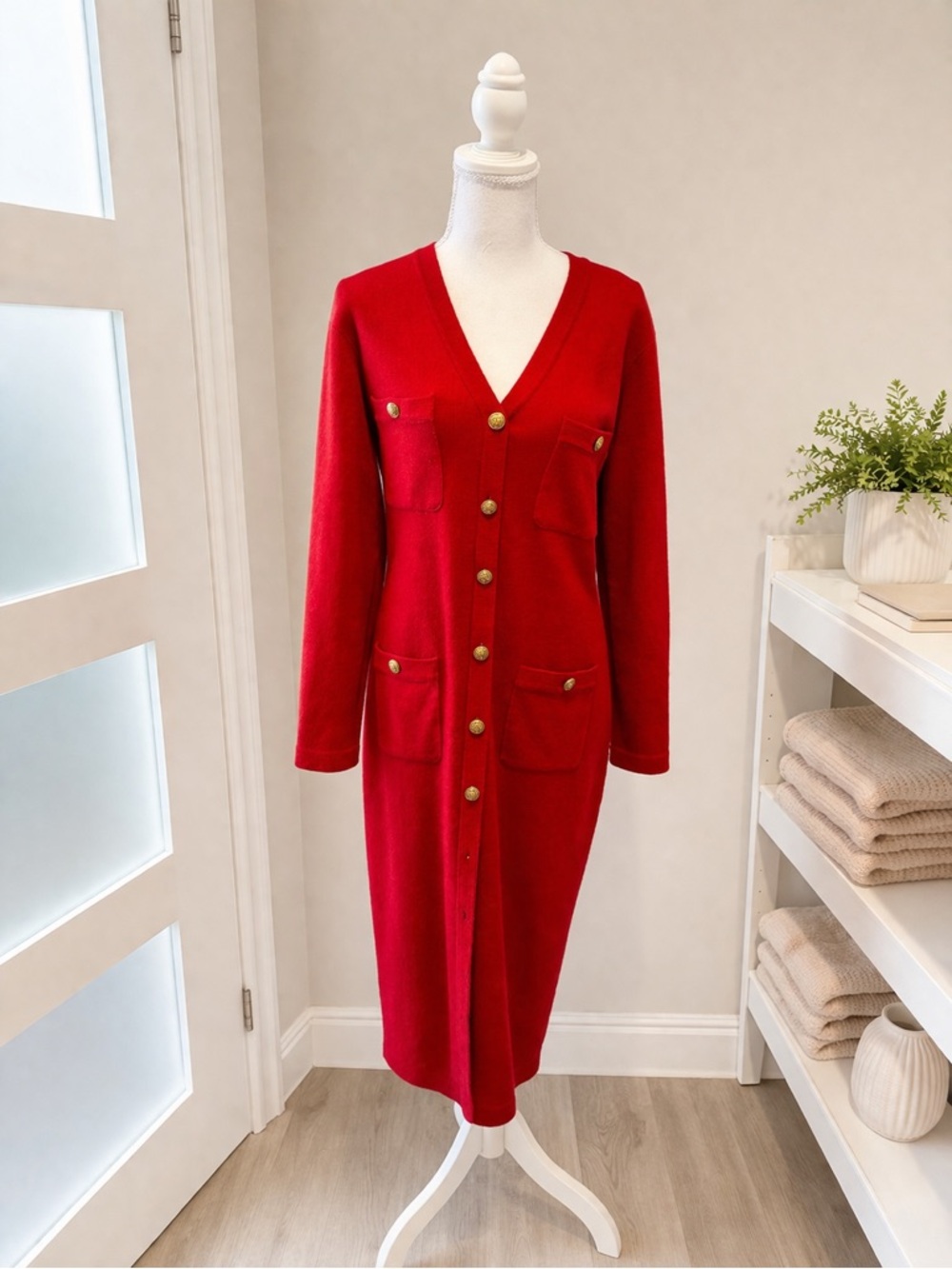 Adrienne Vittadini Red Button-Front V-Neck Midi Dress